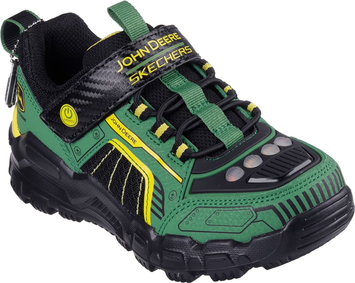 Sneaker SKECHERS "ADVENTURE TRACK - JOHN DEERE", Jungen, Gr. 34, atmungsaktiv, bunt (grün, schwarz, gelb), Lederimitat, Textil, kontrastfarbene Details, Schuhe Sneaker, Klettschuh im John Deere Design, Größenschablone zum Download