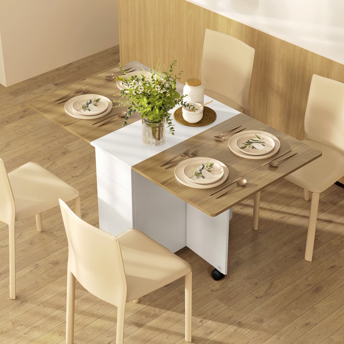Altro Tavolo Rettangolare Allungabile Con 2 Cassetti E Un Armadietto In Legno, 140x76x74 Cm, Bianco E Color Legno