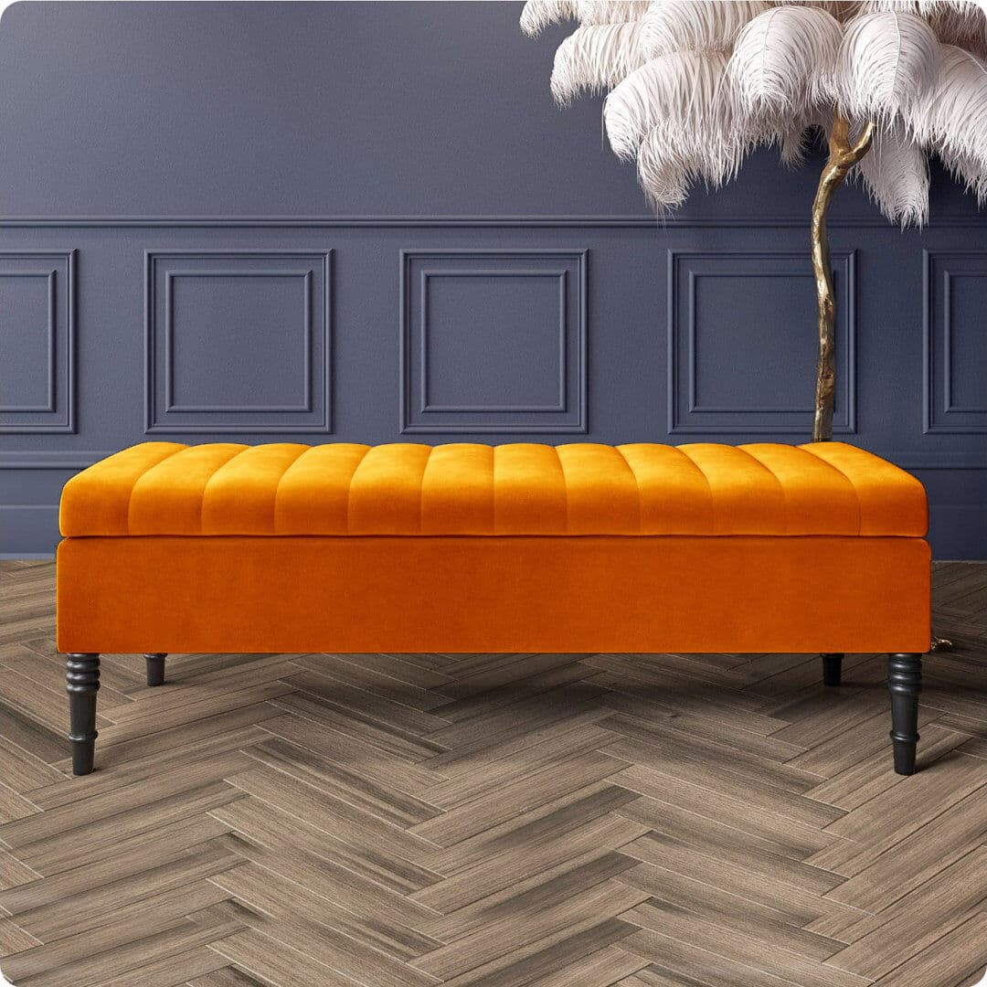 R&M Furnishers Safar Striped Ottoman Storage Bench – Upholstery Plush Velvet Shoe Bench with Black Turned Wooden Legs Burnt Orange 40cm H x 120cm W x 40cm D
