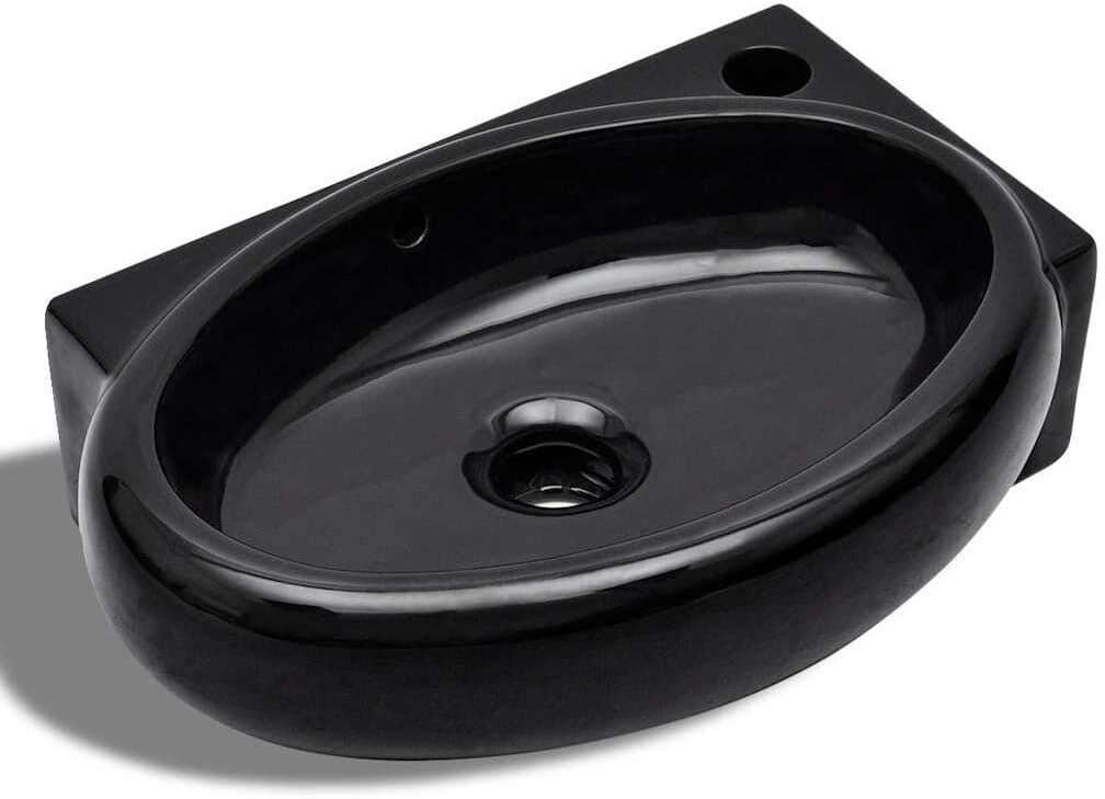 vidaXL Vasque à trou de trop-plein/robinet céramique pour salle de bain noir