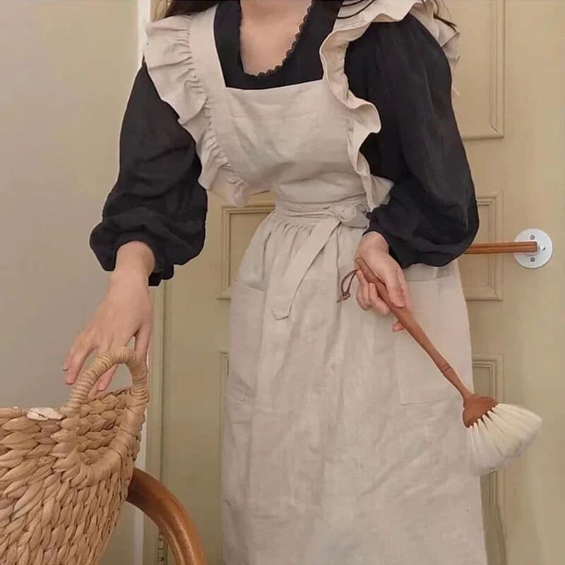 NONE Japanese Korean Flouncing Kitchen Coffee Shop Working Falbala Apron Kawaii Home Cotton Linen Pinafore with Lotus Leaf Lace
