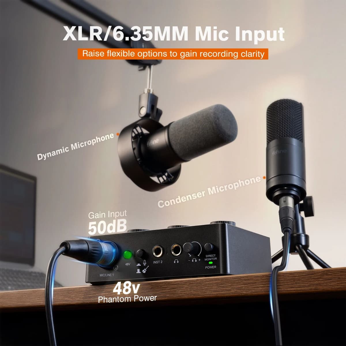 FIFINE Sound Mixer for Condenser Microphone with Gain Knob, Audio Interface with 48V Phantom Power for XLR Mic Podcast-Ampli1