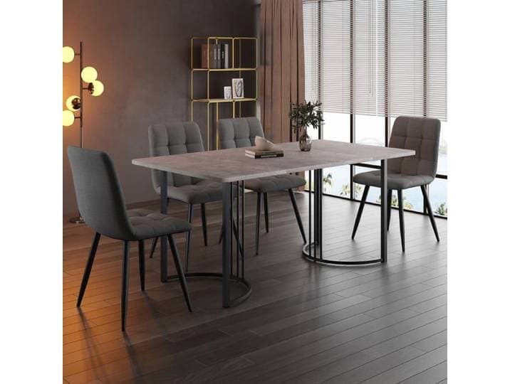 Ensemble repas 140 x 80 cm avec table mdf grise pieds métal noirs et 4 chaises en lin gris foncé