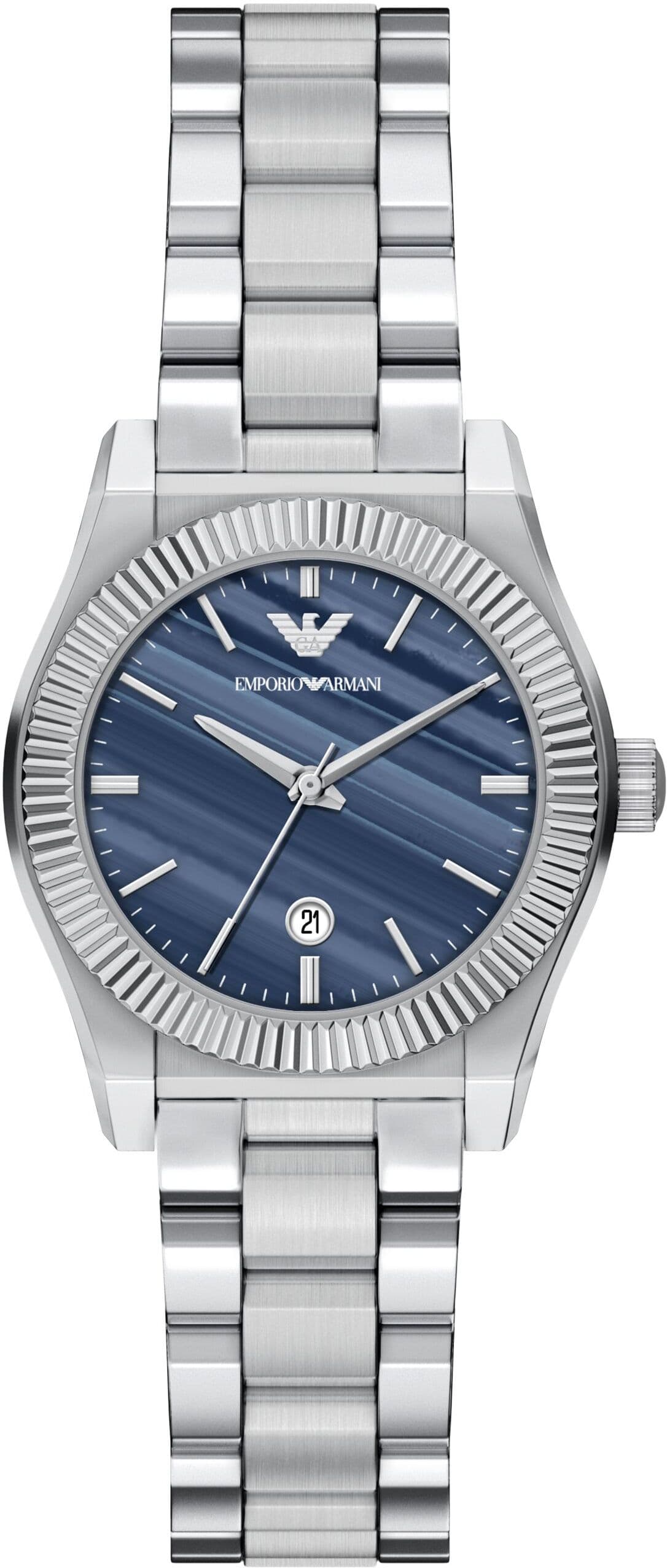 Quarzuhr EMPORIO ARMANI, blau (edelstahlfarben, dunkelblau, blau), Armbanduhren, Damen, edelstahlfarben, Quarzuhr, Armbanduhr, Damenuhr, Edelstahlarmband, analog, Tag, Achat