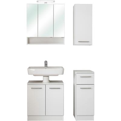 Badmöbel-Set SAPHIR "Quickset 953 4-teilig, Waschbeckenunterschrank und LED-Spiegelschrank", weiß (weiß glanz mit betonkante, weiß), B:95cm H:200cm T:33cm, Holzwerkstoff, Kastenmöbel-Sets, Badmöbel-Set, in Weiß Glanz, Badmöbel inkl. Türdämpfer, ohne...