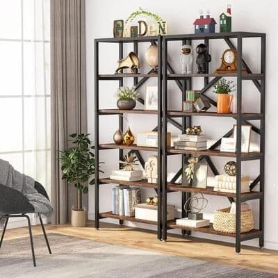 ROSE "71"" Industrial Bookshelf, 6 Tier Rustic Brown Wood Etagere Bookcase, Open Book Shelves"