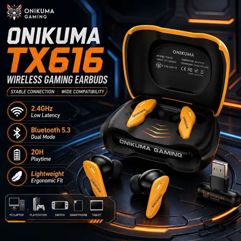ONIKUMA TX616 Wireless Gaming Earbuds Dual Mode 2.4GHz Bluetooth 5.4 ENC Dual Mic Low Latency Headphones for PS5 PC Mobile Gamer