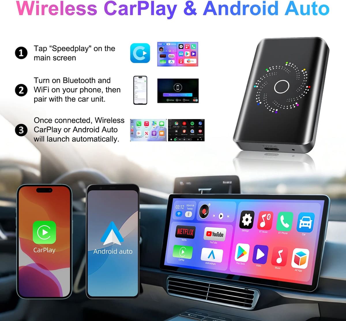 Ezonetronics CarPlay Android Smart Ai Box Quad Core 2+16G/4+32G with Play Store YouTube Netflix Support HDMI Output