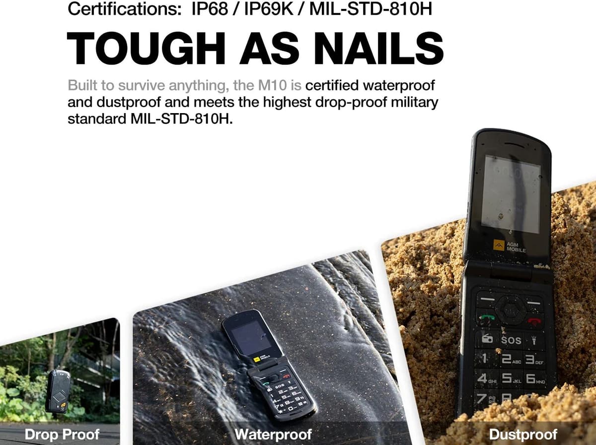 AGM M10 Rugged Flip Phone 4G Dual SIM Large Button Speed Dial Flashlight FM Radio SOS Call With Loud Speaker For Elderly