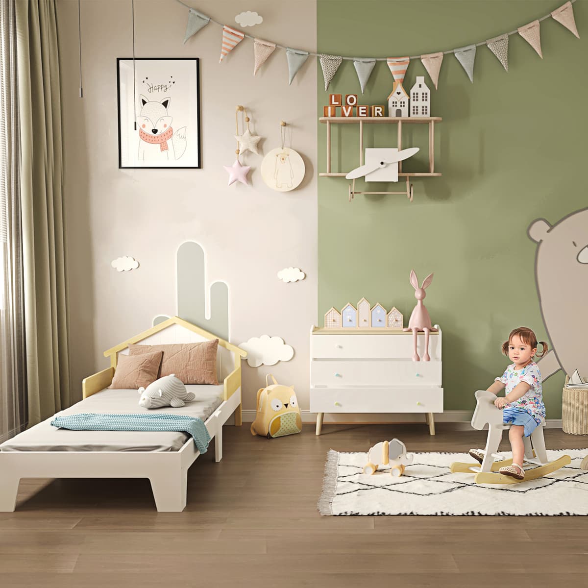 Homcom Cavallo a Dondolo per Bambini 1-3 Anni, Design Classico in Legno con Maniglie e Poggiapiedi, 68x26.5x48cm, Bianco Aosom