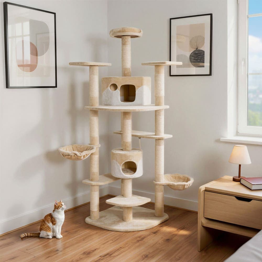Tectake Arbre à chat panneau de fibres griffoir sisal 201cm beige/blanc Beige 140x201x68cm