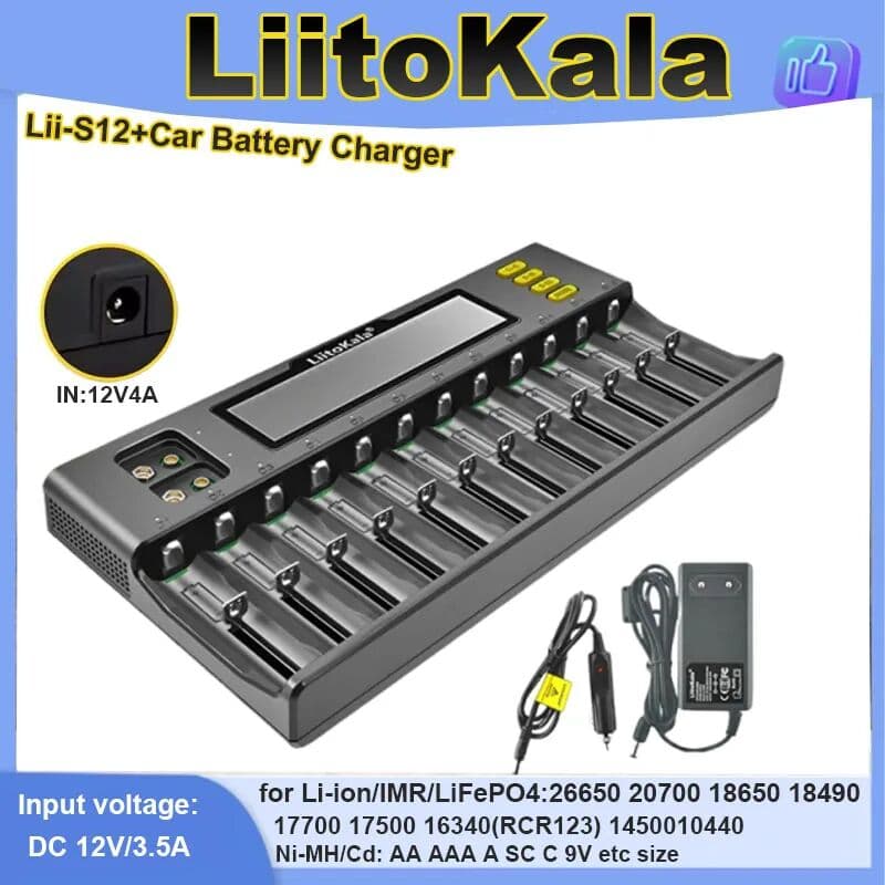 1-5pcs LiitoKala Battery Charger Lii-S12+Car LCD Display for 21700 12 Slot 1.2V 3.2V 3.7V IMR NiMH/Cd 18650 26650 26700 AA AAA