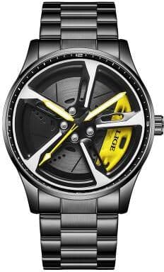 Perfect Picks Market Car Wheel Dial Mens Quartz Watch Waterproof Stainless Steel Sports Watch black Yellow