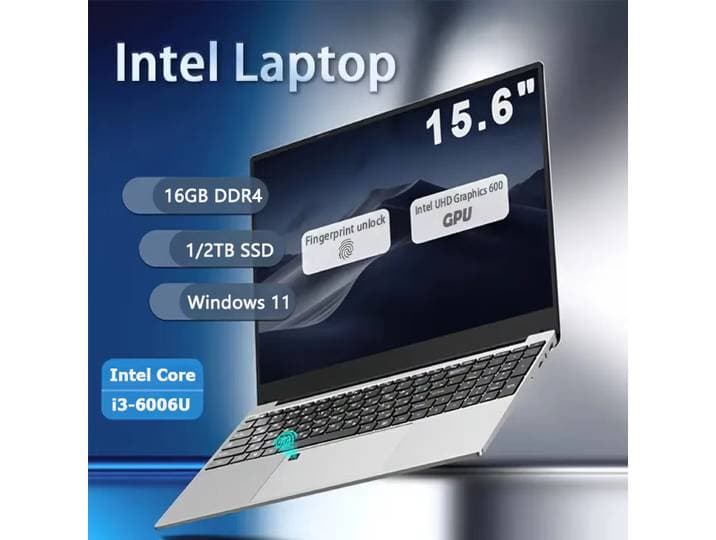 Ordinateur portable FUCHU 2026 portable 15,6 pouces avec déverrouillage par empreinte digitale, clavier rétroéclairé, 16 Go de RAM DDR3, SSD 512 Go/1 To/2 To, Intel I3-6006U, Windows 11 Pro, idéal