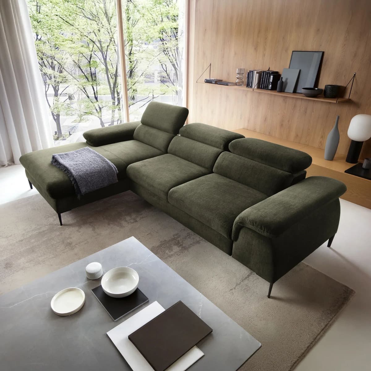garneroarredamenti Divano letto regolabile angolare sinistra 4 posti 288x182cm tessuto verde oliva Loungey