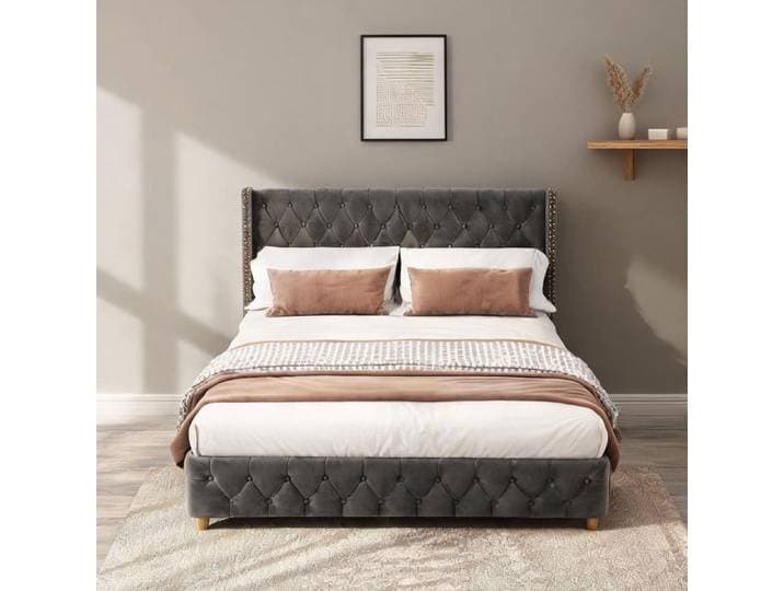Lit capitonné en velours classic gray 180 x 200 cm avec sommier à lattes et tête de lit à boutons et clous