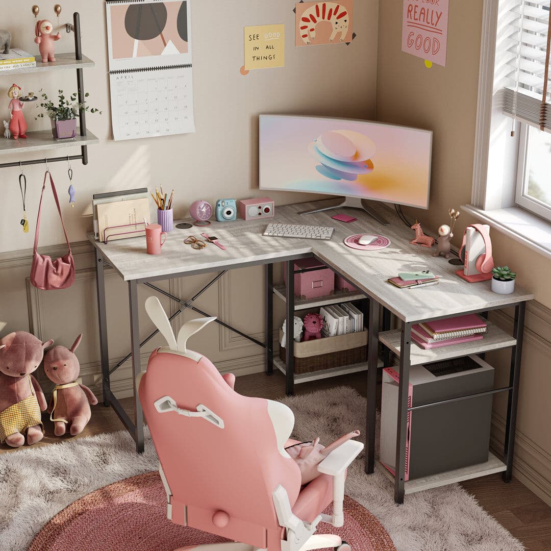 Rio Aaleeyah L Shaped Farmhouse Computer Desk, 75 Inch Reversible Corner Office Desk with Shelves Light Grey 74.2cm H X 120cm W X 120cm D