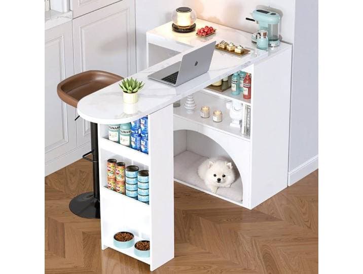 Table de bar extensible moderne pieds pivotants avec espace pour animaux plateau imitation marbre 120 (+80) × 40 × 100 cm blanc