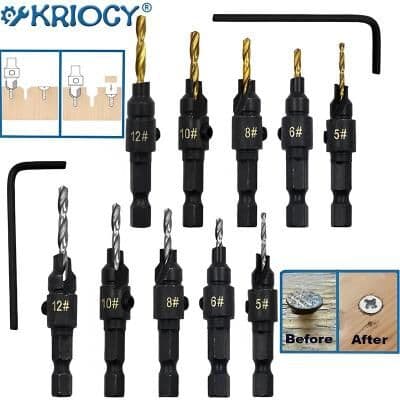 Inspire Select 5 Pcs Countersink Drill Bit Set For Wood Screws No5 12 Adjustable Pilot Hole & Counterbore, 1 4 Inches Hex Shank titanium Plating #6 12