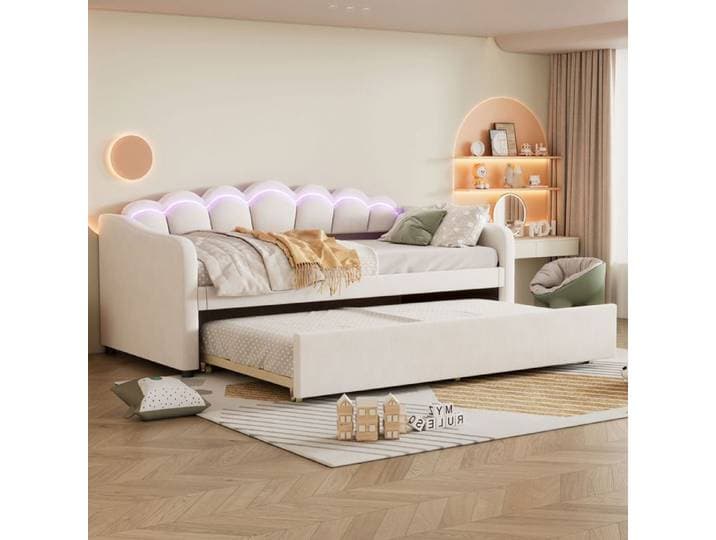 Lit gigogne - SOGEU - 90 x 200 cm - Velours beige - Flanelle & MDF - LED multicolore