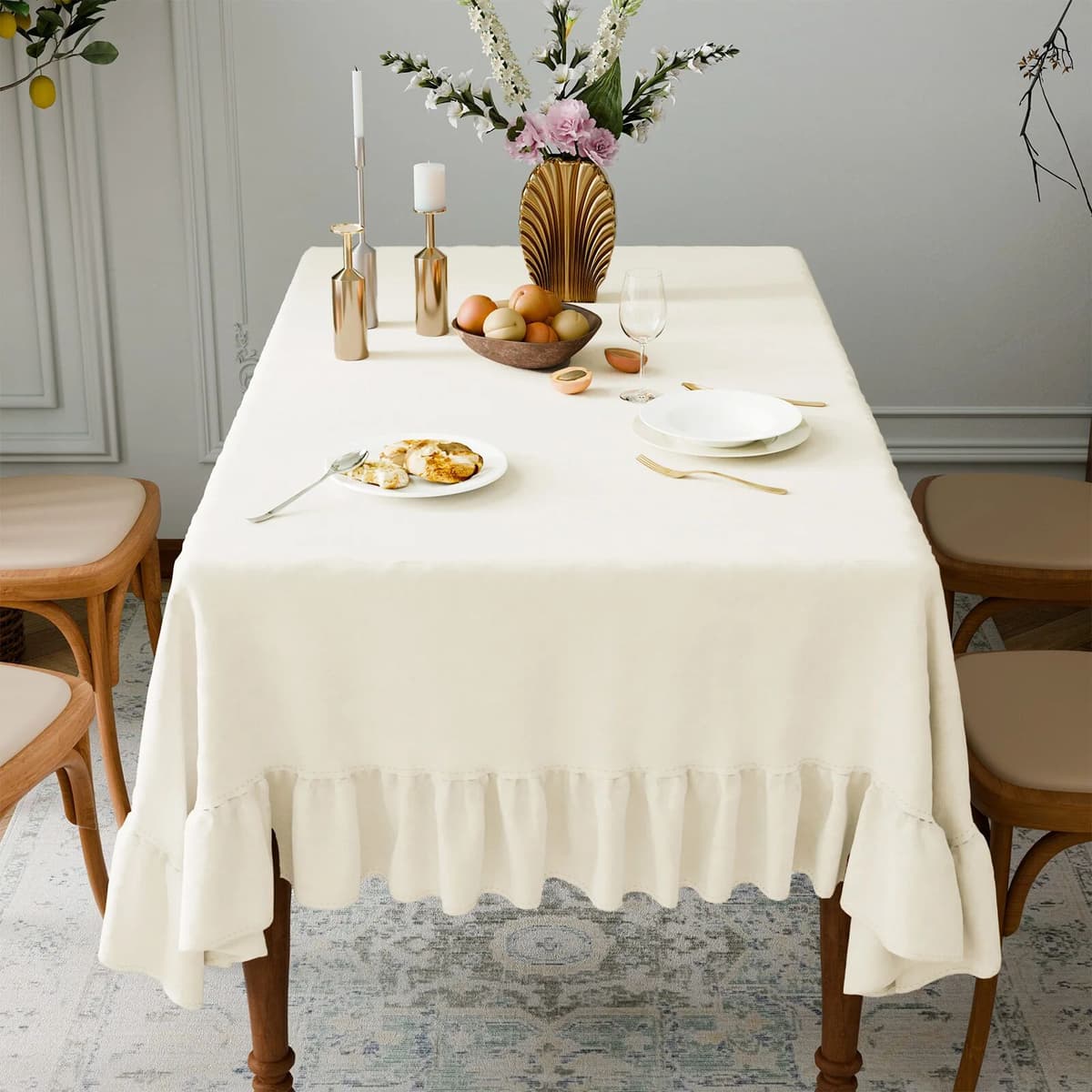 Hptmus Rectangle Tablecloth Washable Vintage Ruffle Trim Table Cover for Boho Wedding Tabletop Bridal Shower Birthday Party Decoration