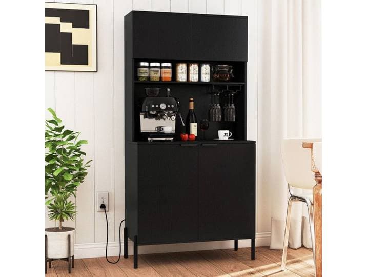 Buffet noir avec prises intégrées porte-verres étagère ajustable 3 positions anti-bascule rangement moderne pour cuisine et salon
