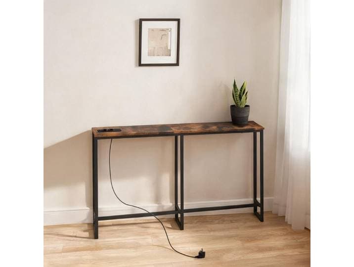 Console d'entrée en mélamine aspect bois et acier noir rangement fermé avec station de charge 160 x 20 x 80 cm