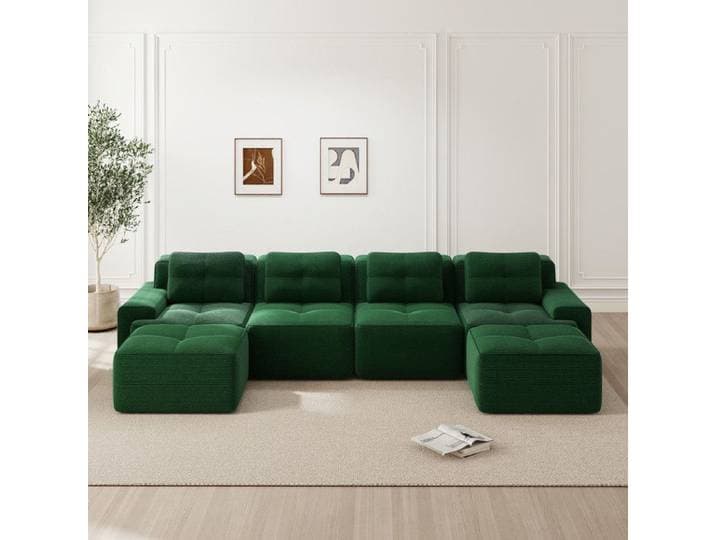 Canapé modulaire en velours côtelé - 4 places - Méridienne en U - 382x177x69 cm - Vert - Confort semblable à un nuage