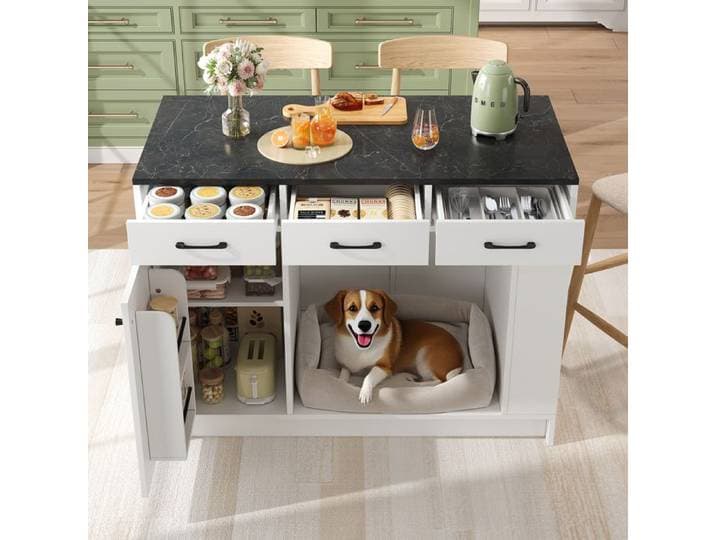 Desserte de Cuisine Blanc avec Niche Intégrée pour Animaux et 3 Tiroirs - Ilot Central avec Étagère à Épices et Rangement Ajustable