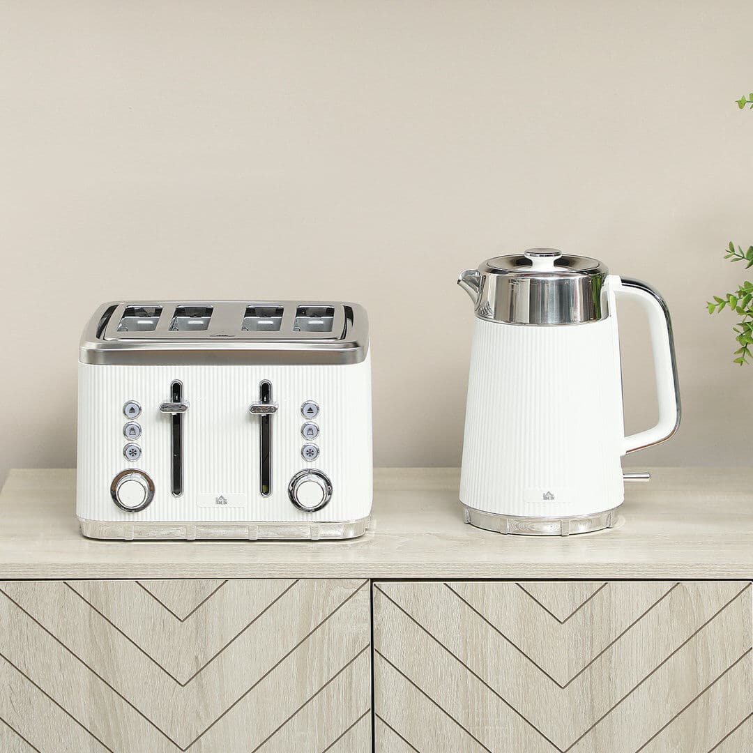 HOMCOM 1.7L 3000W Rapid Boil Kettle and 4 Slice Toaster Set Crumb Tray White 4 - Slice