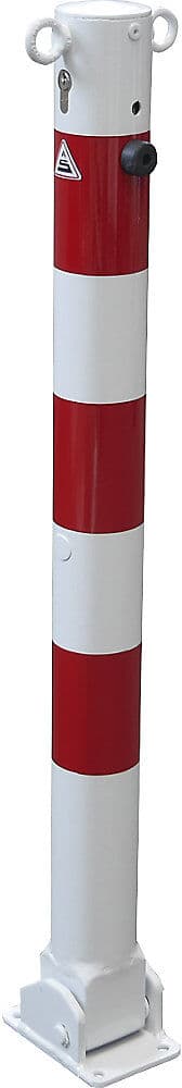 Absperrpfosten, Ø 76 mm, weiß / rot, klappbar mit Profilzylinder, mit 2 Ösen Schake