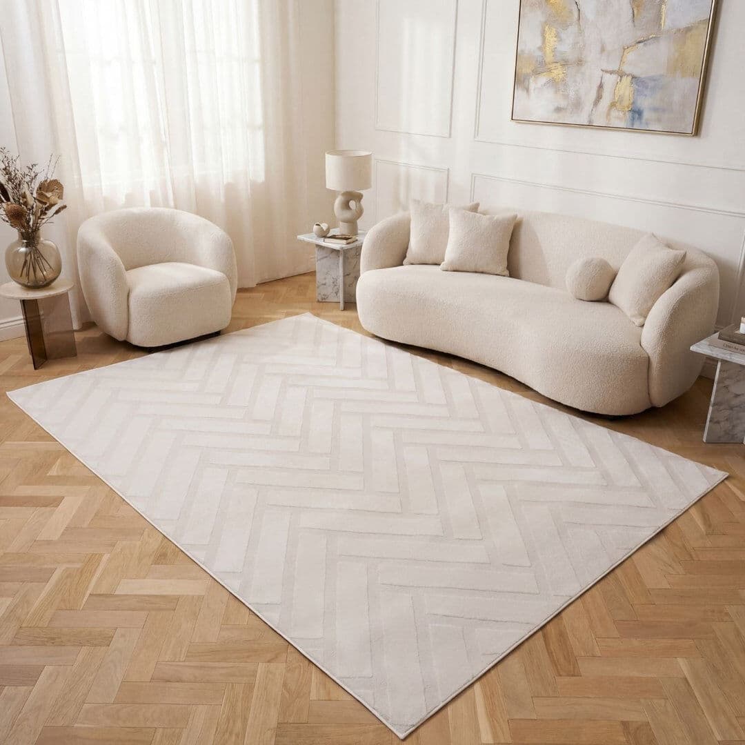 THE RUGS Loft Modern Chevron Living Room Area Rug and Runner Soft Pile Ivory Rectangle 200 x 290 cm