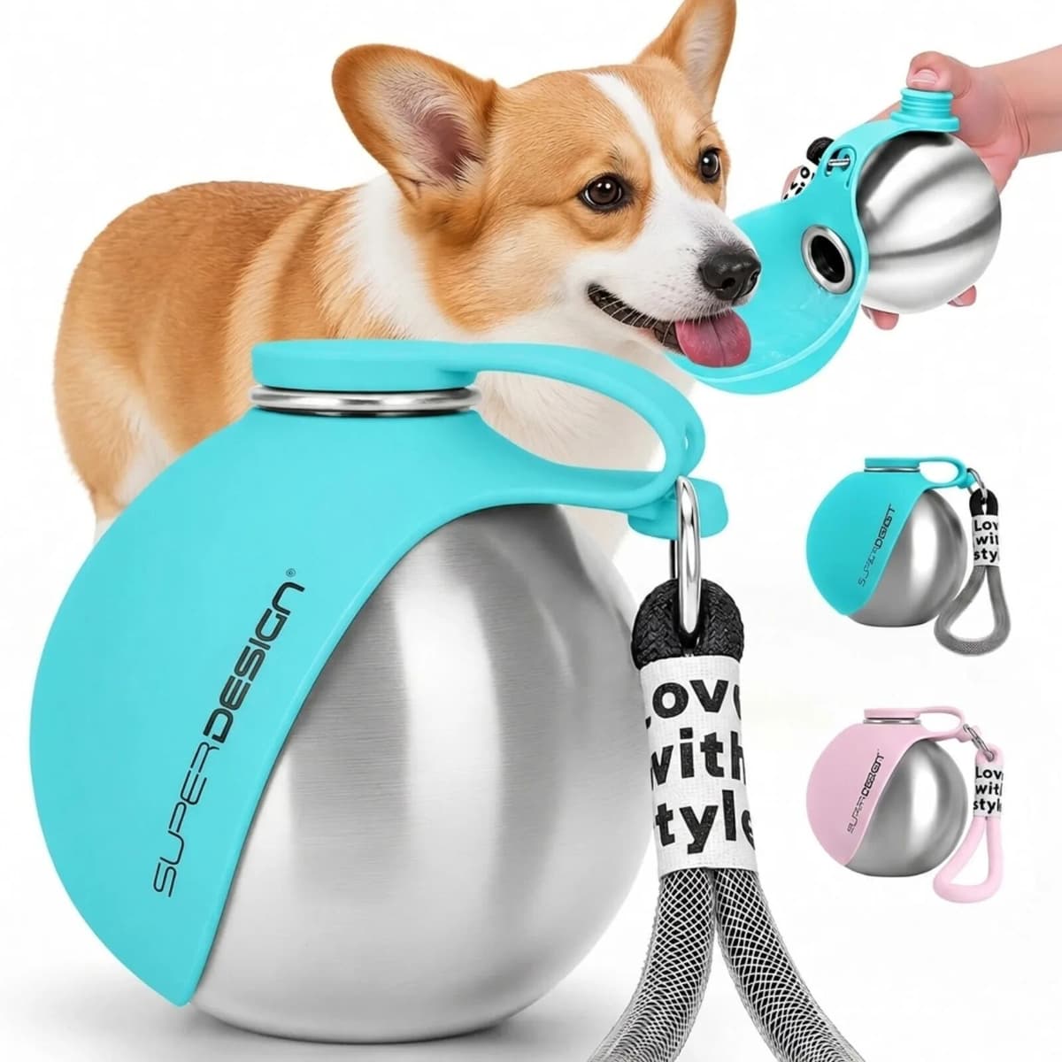 NONE 1pc Portable 285ml Pet Water Bottle Stainless Steel Water Bottle with Silicone Bowl Outdoor Travel Gift for Dog Cat Pet Lovers