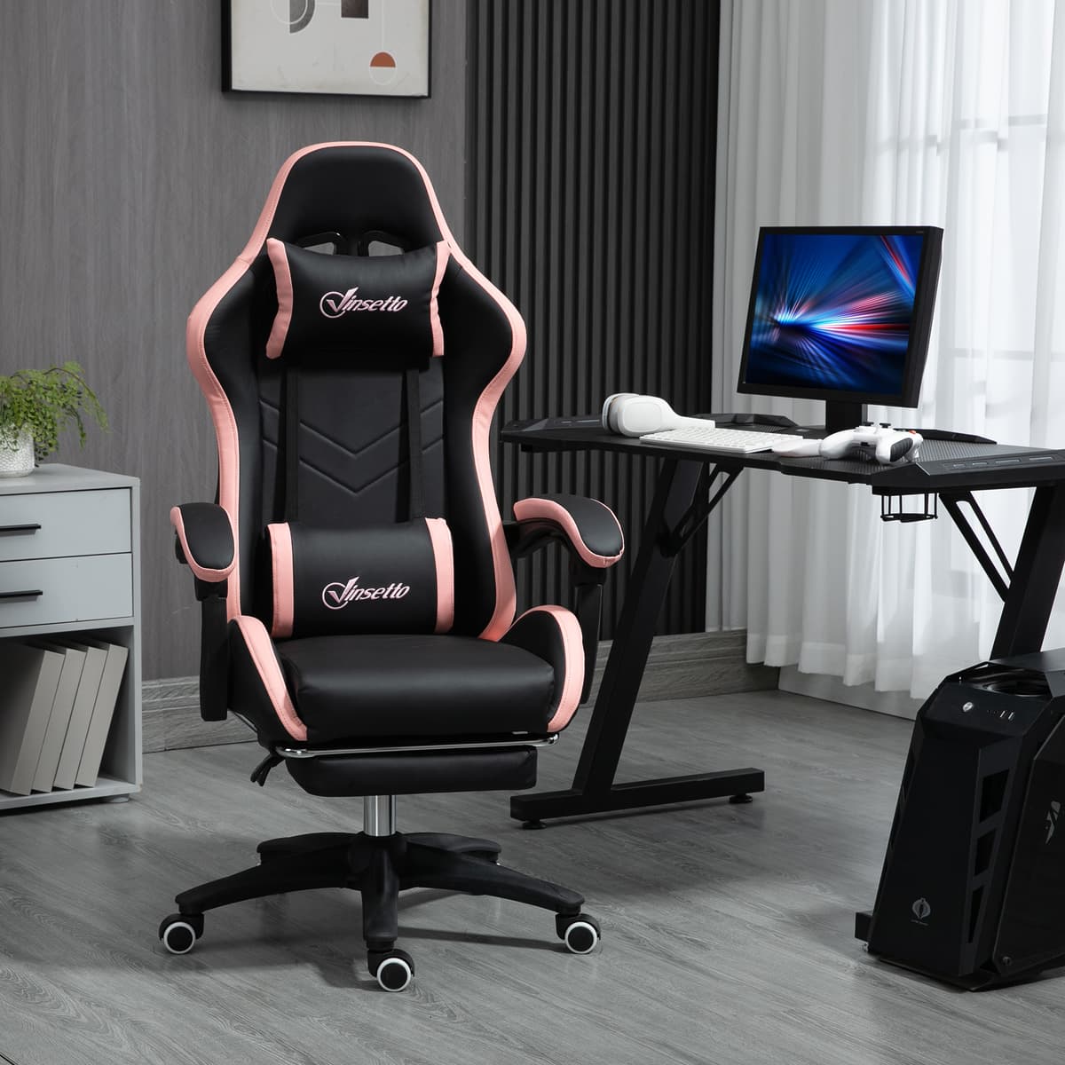 Vinsetto Sedia ergonomica da Gaming ad Altezza Regolabile con Poggiatesta e Poggiapiedi retrattile,reclinazione a 135° e leva a gas, Rosa e Nero  Aosom Italy