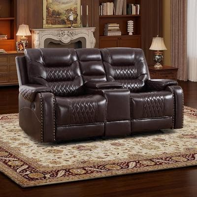 EBELLO Faux Leather Manual Reclining Loveseat 2-Seater Home Theater Recliner Sofa with Center Console Cup Holders & Hidden Storage