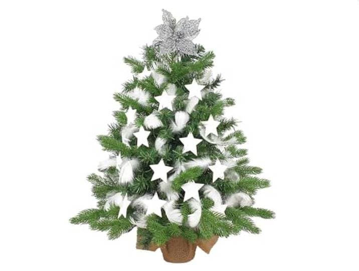 LAALU Künstlicher Weihnachtsbaum 60 cm mit LED-Beleuchtung – WINTERKÖNIG – mit 32 Weihnachtsbaumschmuck – Pflanztopf mit Jutesack