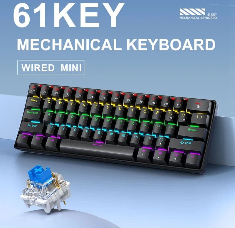 APAYADO K61 Wired Mechanical Gaming Keyboard 61 Keys RGB Backlit 60% Mini Type-C Red Switch Blue Switch for PC Laptop