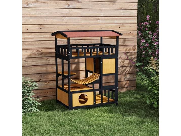 PawHut Maison Chat Extérieure Niche Chat Extérieur Pont Suspendu Balcon Entrées Multiples Toit Imperméble 84x60x116cm Jaune