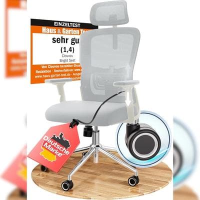 CLOUVOU BrightSeat, ergonomischer Bürostuhl, Rückenlehne mit Mesh Bezug, 2D-Armlehnen, 3D-Kopfstütze, FluxWheels, Creme-Weiß