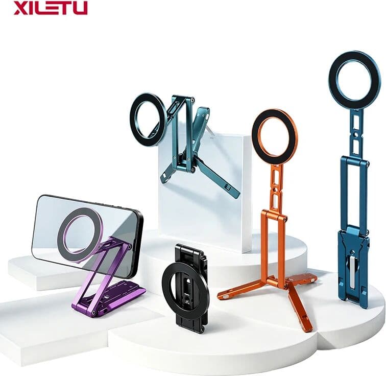 XILETU Magsafe Magnetic Cell Phone Tripod Stand with Hook Foldable Desktop Holder for iPhone Desktop Selfie Video Mobile Tripods