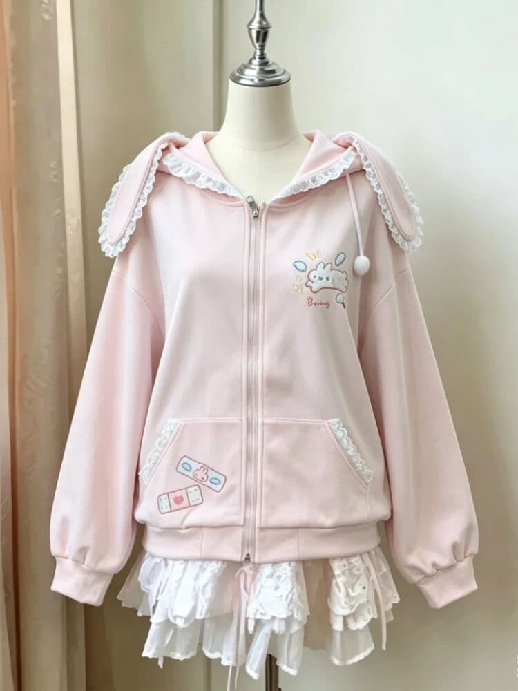 NONE Japanese Kawaii Cat Sweatshirt Women Off Shoulder Cute Cartoon Y2k Aesthetic Grunge Lace Casual Hooded Pullover Christmas Winter