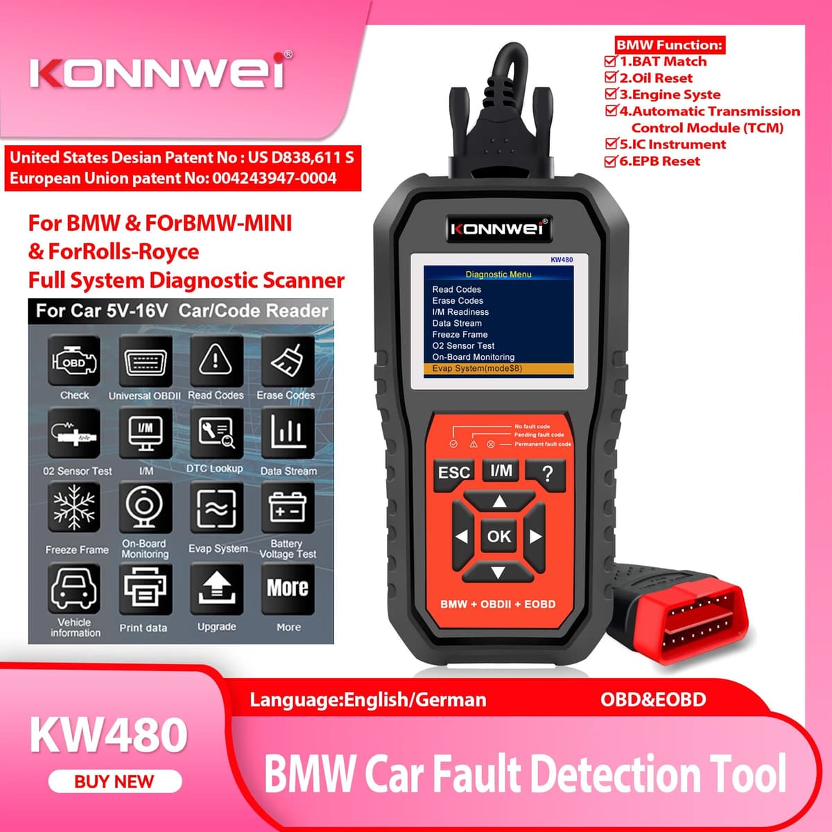 2026 KONNWEI KW480 OBD2 Car Diagnostic Scanner Code Reader OIL TPMS Reset O2 Adapter Full Systems Scanner Auto Tool for BMW Auto