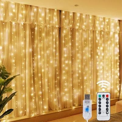Inspired Living AuroraGlow LED Curtain Lights USB Fairy Curtain With Remote & 8 Modes warm Lights 3m(w)x3m(h) 300 Leds