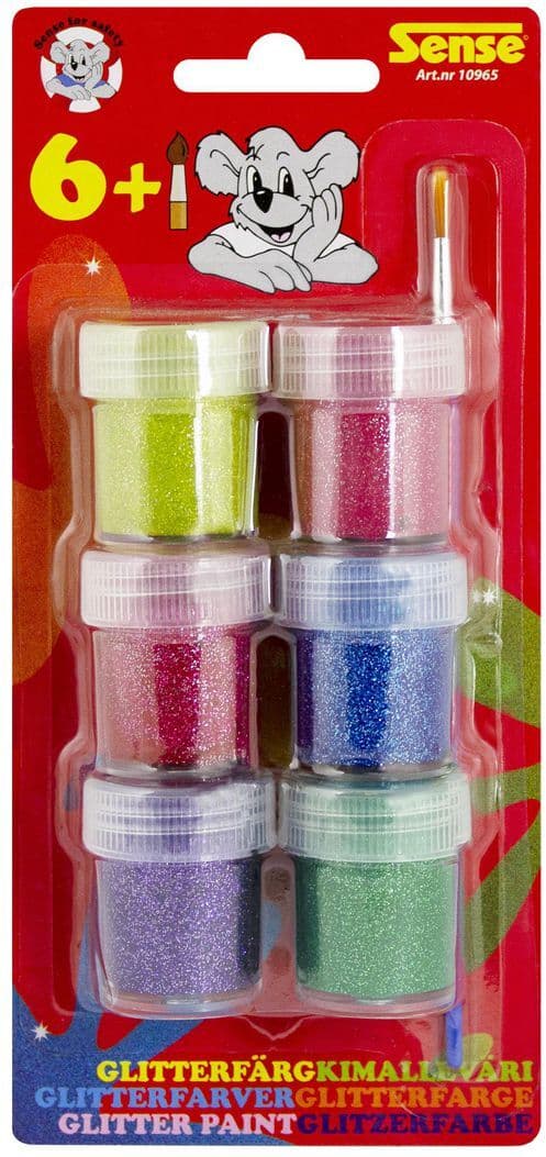 SENSE Glitterfärger, 6-pack, pensel, olika färger 6/fp
