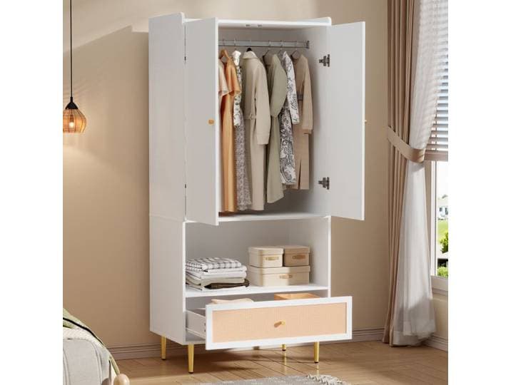 Armoire avec tiroir en rotin - 80x48x175 cm - Blanc et Naturel - Panneau de particules - Pieds en métal