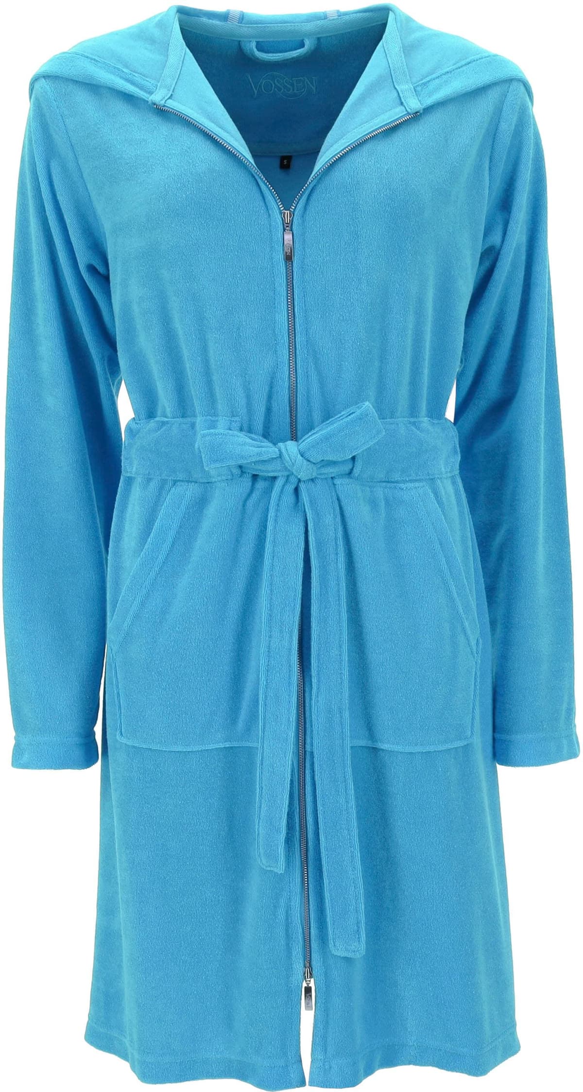 Bademantel VOSSEN "Tampa, ideal für Sauna & Spa, Hotelbademantel, Morgenmantel" Gr. XL, blau (ice blau), L:95cm, Baumwoll-Mix, Hausmäntel, Bademantel, Kängurutasche, Reissverschluss ice blau XL L: 95cm, N-Gr