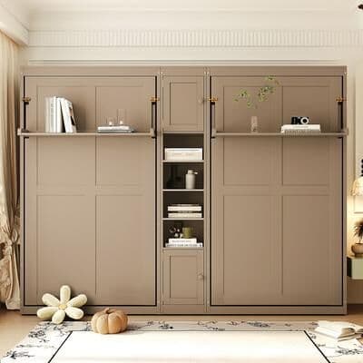Dual Twin Size Wall Murphy Beds With Cabinets And Shelves