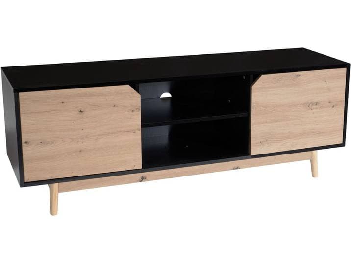 Ervesto Lowboard Tv-Meubel - Zwart Eiken Decor 150x55x40 Cm - Tv-Kast Met 2 Deuren En Open Vakken - Moderne Tv-Stand En Opbergkast Woonkamer