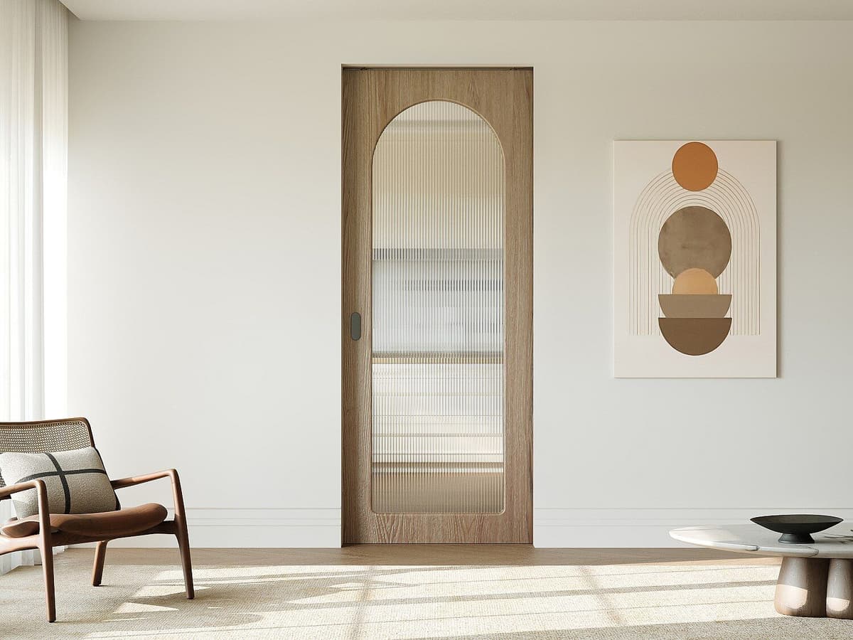Unique Drzwi przesuwne chowane w ścianie z drewna i z MDF - łuk z żebrowanego szkła hartowanego - W205 x S83 cm - ODEZA