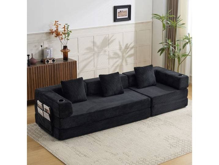 Canapé 277 5 x 92 5 x 60 cm conception pliable avec accoudoirs montage sans outils pour salon pour chambre coloris noir
